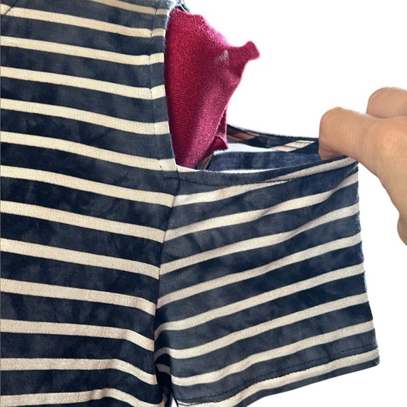 Laura Petite stretch indigo striped top, shoulder cut outs, bound neck line - Picture 3 of 7